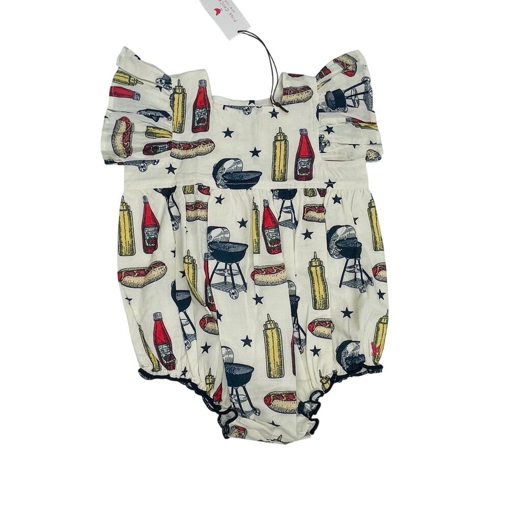 Pink Chicken Cream Grill & Condiment Print Bubble Romper